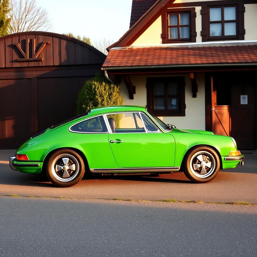 Grüner Porsche 911 vor der Werkstatt